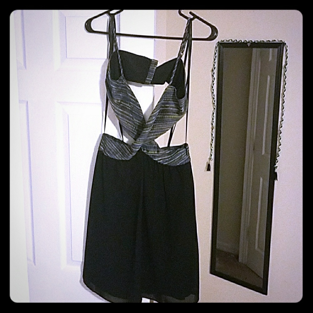 Criss cross blue, gold and black dress